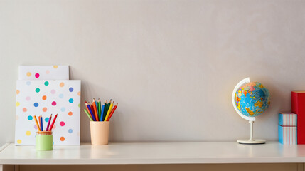 Poster - Colorful pencils, notebooks and globe standing on white desk against empty wall with copy space