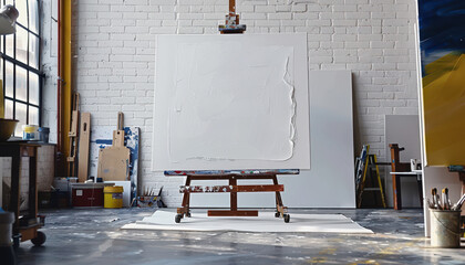 Minimalist art studio with blank canvas on easel, white brick wall, natural light