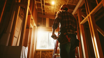 Canvas Print - A construction worker wearing a hard hat and tool belt is standing inside a building under construction, illuminated by sunlight through a window.