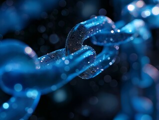 Wall Mural - Close-up of glowing blue chain links with a digital, futuristic appearance, set against a dark, bokeh background