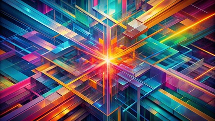 Wall Mural - 3D Illustration Of A Colorful Geometric Structure With A Glowing Light In The Center.