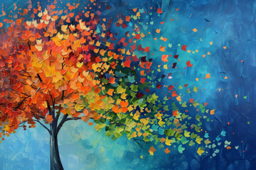 Sticker - A painting of a tree with leaves of different colors and a blue sky background