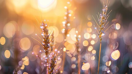 Wall Mural - Close-up view of glistening dewdrops on a young wheat field with warm, soft and hazy sunlight in the background creating a beautiful and peaceful atmosphere