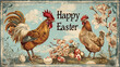 © Anna - Vintage Easter card showing a rooster and hen surrounded by painted eggs and flowers. Holiday greeting, springtime decoration, festive card, rustic celebration, vintage illustration concept.