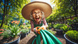 © Frameworld - Elderly Woman with Wide Smile and Gardening Hose in a Vibrant Flower Garden on a Sunny Day.