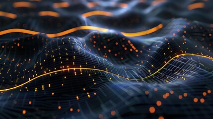 Wall Mural - Visual representation of a high-tech digital data processing network with wavy lines and futuristic lights on a dark background