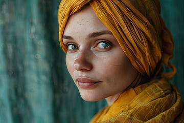 Wall Mural - Close-up of a model with a colorful fabric headdress