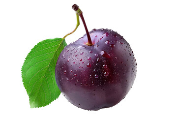 Poster - Closeup of fresh, juicy plums with water droplets and green leaves isolated on white transparent background