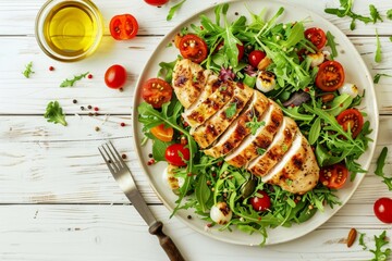 Poster - Healthy green vegetable salad with grilled chicken breast fillet on ceramic plate with olive oil on the side on white wooden kitchen table top view flat lay, diet food and clean eating concept.