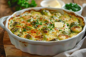 Healthy vegetarian dish roasted brussels sprouts with butter and parmesan cheese in white ceramic casserole close up on wooden table angle view, vegan food