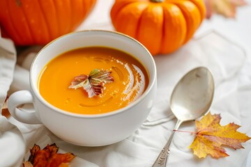 Wall Mural - Homemade pumpkin cream soup served in white ceramic bowl on white table with spoon decorated with whole pumpkin, angle view, selective focus. Autumn cozy comfort food .