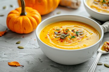 Poster - Homemade pumpkin cream soup served in white ceramic bowl on white table with spoon decorated with whole pumpkin, angle view, selective focus. Autumn cozy comfort food .