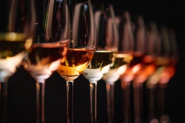 Several glasses of wine on the table, celebrating the tasting of wine. Nightlife, celebration, and entertainment concept.