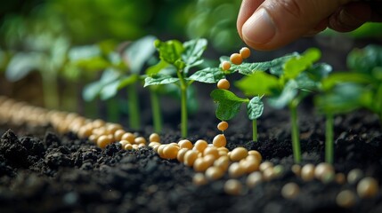 Wall Mural - Sowing seeds of vegetables by hand in soil at a metaphorical garden.