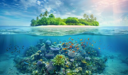 Wall Mural - Split view of tropical island and coral reef