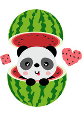 Canvas Print - Cute panda inside fresh watermelon