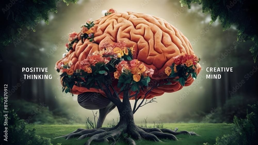 Human brain tree with flowers, positive thinking and mental health ...