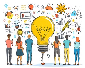 Group of people looking at a large light bulb with various icons representing innovation, ideas, and creativity.
