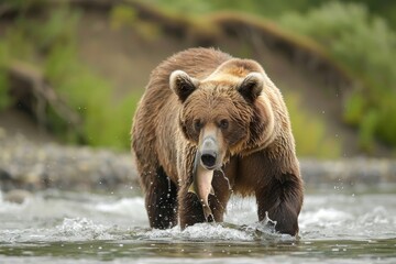 A brown bear catches a salmon in the river