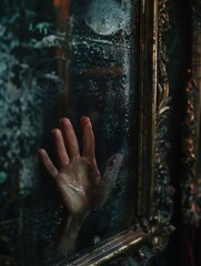 Wall Mural - Mysterious hand reaching through foggy glass