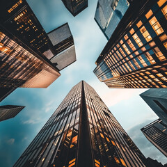 Canvas Print - Upward view of modern skyscrapers with glass facades reflecting evening lights against a blue sky, creating a dramatic urban architecture scene.