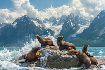 Sticker - A group of endangered Stellar sea lions rest on a large rock in the sun as waves crash around them and the snowcapped Chugach Mountains fill the background inside Alaskaâ€™s Kenai Fjords National Park