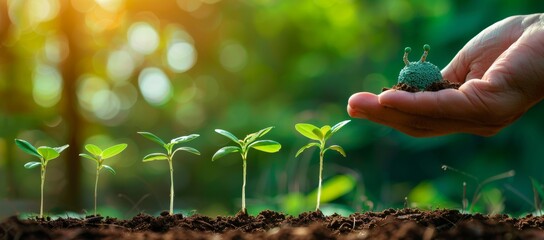 Wall Mural - Hand-nurturing young baby plants in germination sequence on a fertile soil background