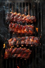 Wall Mural - Close-up shot of grilled ribs with flames