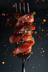 Wall Mural - Slices of bacon with spices on Fork with Flaming Sparks