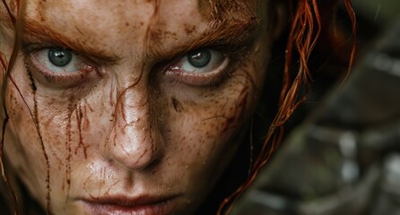 Poster - Intense gaze of a mysterious woman with freckles and red hair