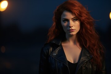 Poster - Intense redhead woman in leather jacket