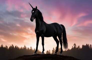 Wall Mural - majestic black unicorn silhouette against colorful sunset sky