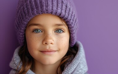 Wall Mural - A young girl with light brown hair and bright blue eyes wears a purple knit hat and a gray hoodie while looking directly at the camera