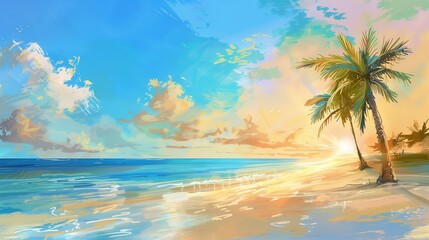 Wall Mural - Vibrant tropical beach at sunset, featuring a solitary palm tree against a colorful sky and dynamic ocean waves