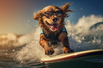 Poster - Surfing glasses dog surfboard.