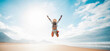 © Davide Angelini - Happy traveler with hands up jumping at the beach - Delightful man enjoying success and freedom outdoors - Wanderlust, wellbeing, travel and summertime holidays concept