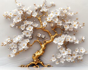 Wall Mural - Tree with white flowers, gold branches on a light background, elegant 3D wallpaper in relief sculpture style.