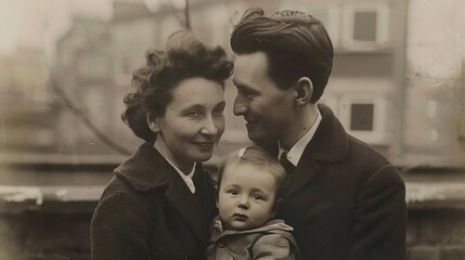 A nostalgic black and white portrait of a family, capturing a heartfelt moment of togetherness and love.