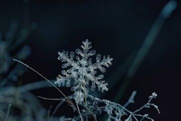 The delicate lace-like structure of a fragile snowflake against a dark background, Generative AI 