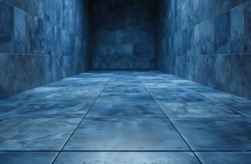 Poster - Mysterious dark blue tunnel with reflective floor