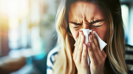 A young woman sneezing into a tissue, highlighting the discomfort of cold or allergies in a bright, indoor setting.