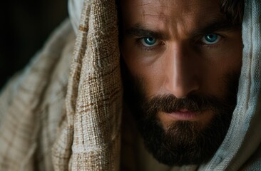 Wall Mural - Intense gaze of a bearded man in a hooded robe