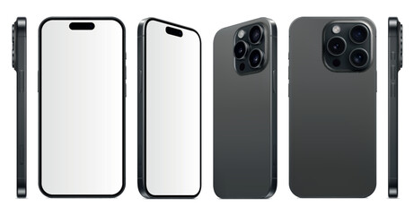 Poster - new frameless smartphone grey color with blank screen, front back and side view, isolated on white background. mockup of realistic mobile phone with shadow. vector 3d isometric illustration
