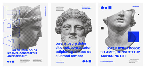 Set of posters with antique statues. Ancient Greek art and the culture of ancient Roman art. Modern poster templates for exhibitions. Typography and poster design.