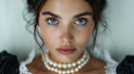 Poster - Stunning woman with piercing blue eyes and pearl necklace