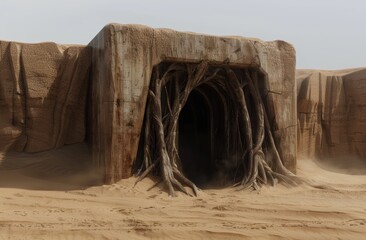 Poster - Mysterious desert cave entrance with twisted roots