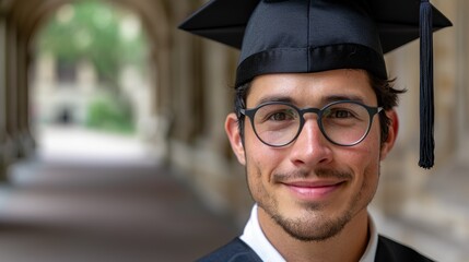 Wall Mural - Graduate student in cap and gown smiling at camera