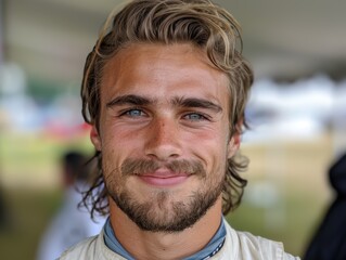 Wall Mural - Handsome young man with curly hair and beard smiling