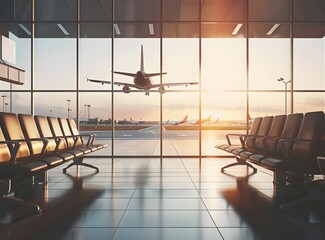  The airport waiting area with empty chairs and an airplane in the background