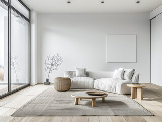 Wall Mural - Minimalist living room interiors in neutral colors and minimal furniture. Residential Real Estate interiors design Japanese composition.